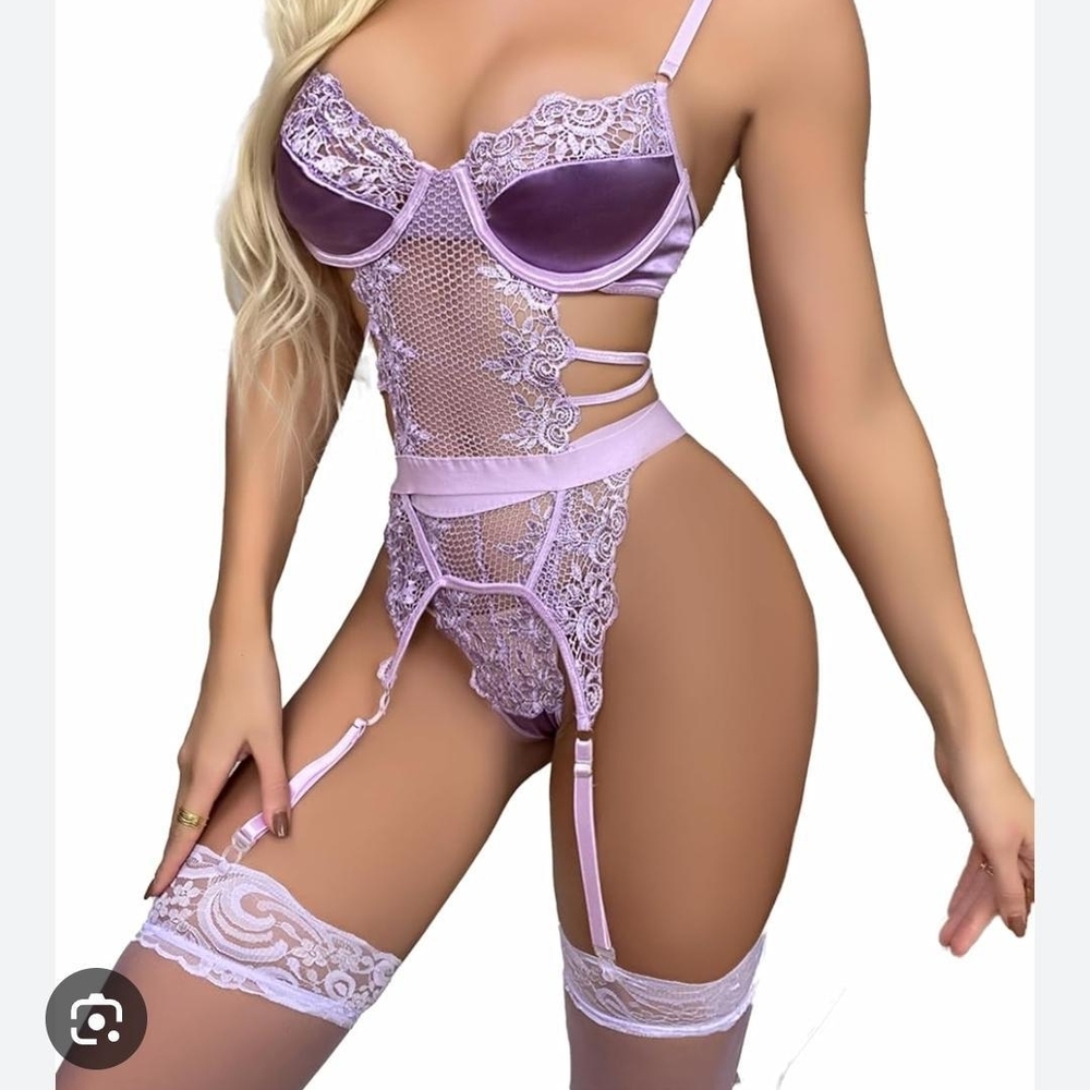 Lavender Lace Mesh Bustier Garter Lingerie Set - Women